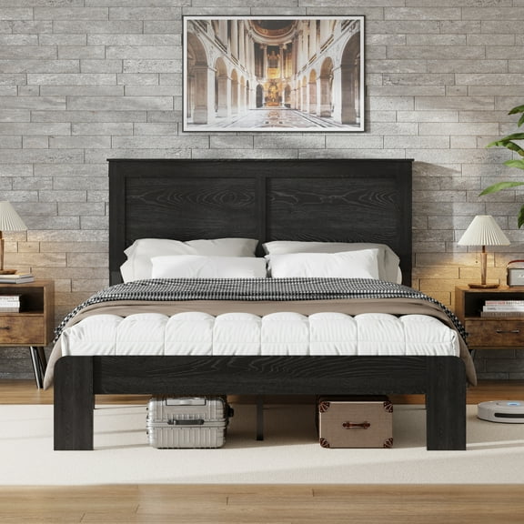 King Size Wood Platform Bed Frame - Dark Black, Noise Free, No Box Spring Needed