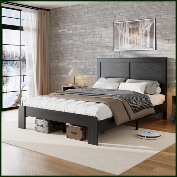 King Size Wood Platform Bed Frame - No Box Spring Needed, Noise-Free, Large Under Bed Storage, Dark Black for Master Bedroom