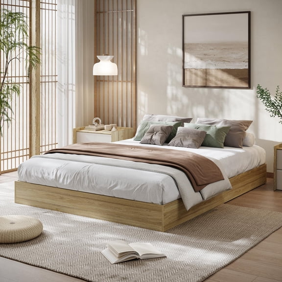 King Size Wood Platform Bed Frame, Wooden Bed Frame Without Headboard, No Box Spring Needed, Wood Slat Support, Natural Wood, Easy Assembly, Burlywood