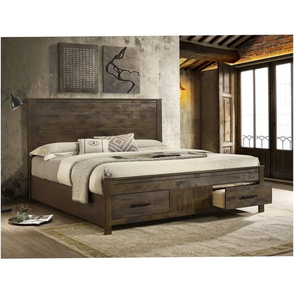 King Size Wood Platform Bed Frame with 2 Storage Drawers, Rustic Golden Brown Wire-Brushed Finish, No Box Spring Needed, Easy Assembly