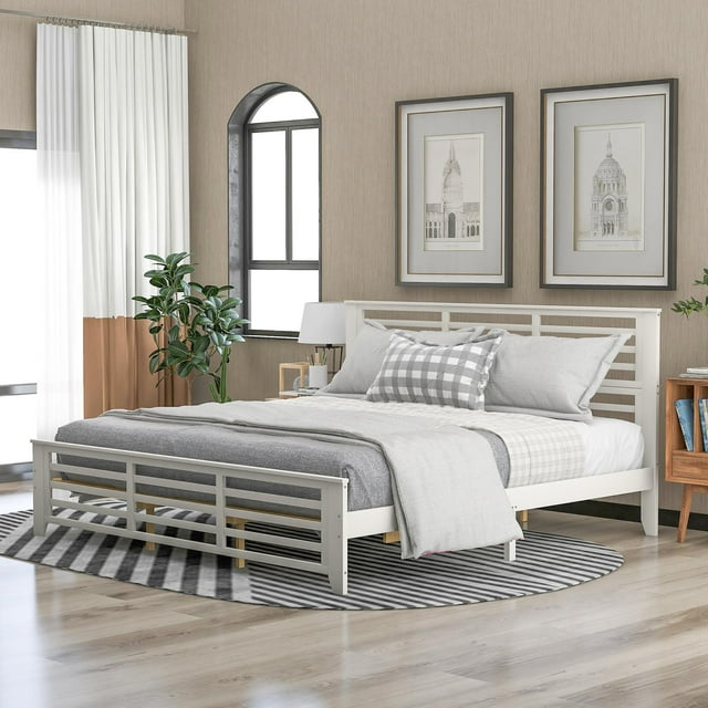 King Size Wood Platform Bed Frame with Headboard and Footboard, Solid Wood Foundation with Slat Support, White 79.9x80.7x41.3inch