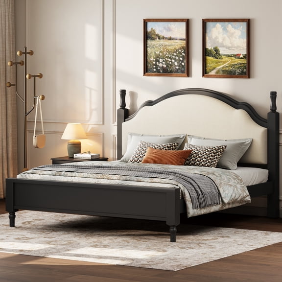 King Size Wood Platform Bed with Upholstered Headboard, Black Frame + Beige Linen Fabric, Curved Soft Headboard, No Box Spring Needed, for Master Bedroom, Guest Room