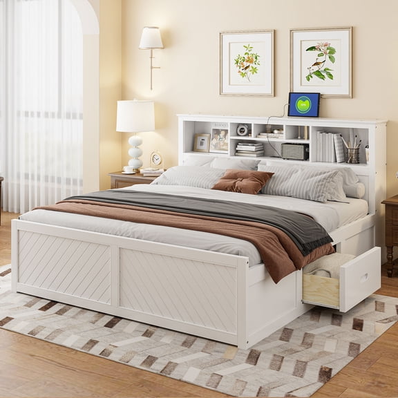 King Size Wood Platform Bed - White - USB Charging & Drawers