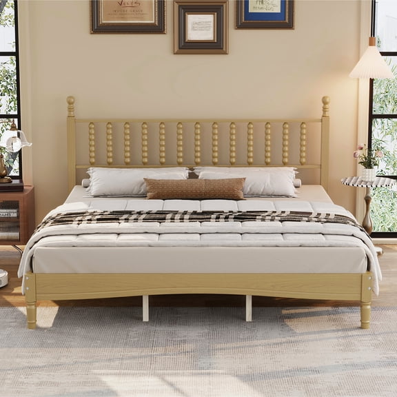 King Size Wood Platform Bed with Gourd Shaped Headboard, Retro Style Platform Bed with Wooden Slat Support, Natural