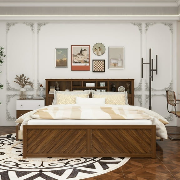 King Size Wood Platform Bed with Multi-storage Headboard, USB and Drawers, Antique Wood Color