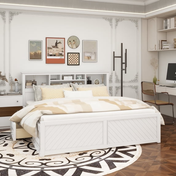 King Size Wood Platform Bed with Multi-storage Headboard, USB and Drawers, White