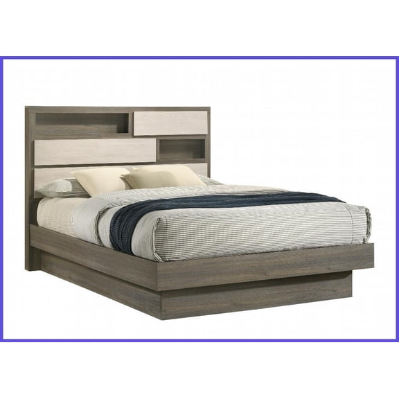 King Size Wood Platform Bed with Storage Headboard, Two-Tone Beige & Brown for Modern Bedrooms