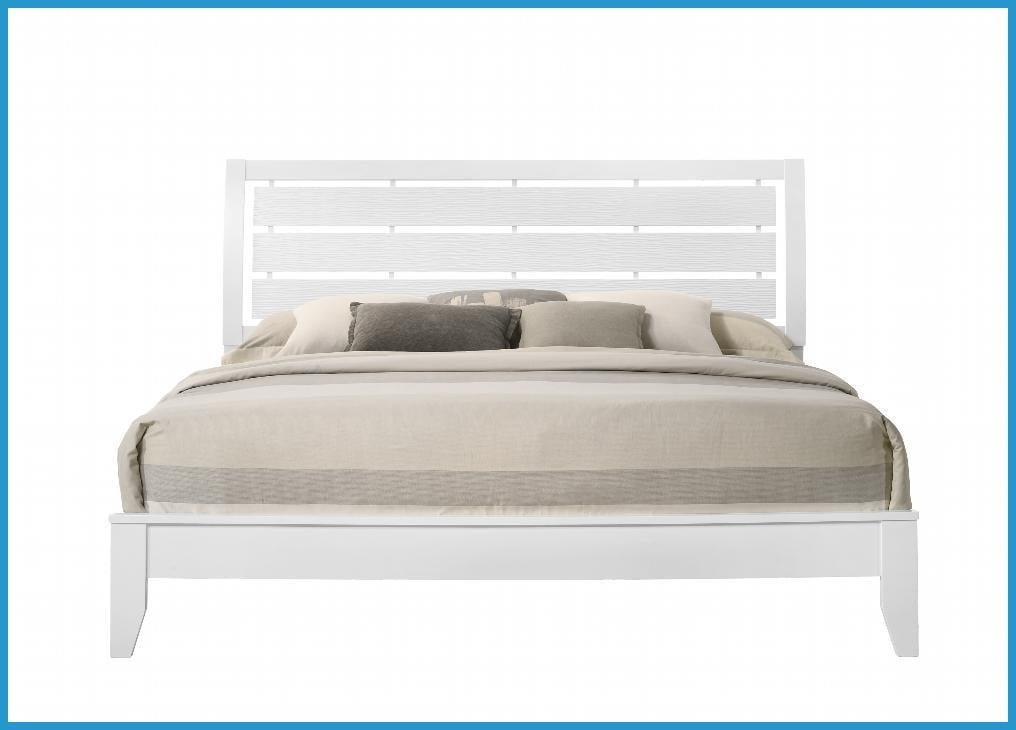 King Size Wooden Bed Frame with Softly Curved Headboard Geometric Design White Finish for Bedroom