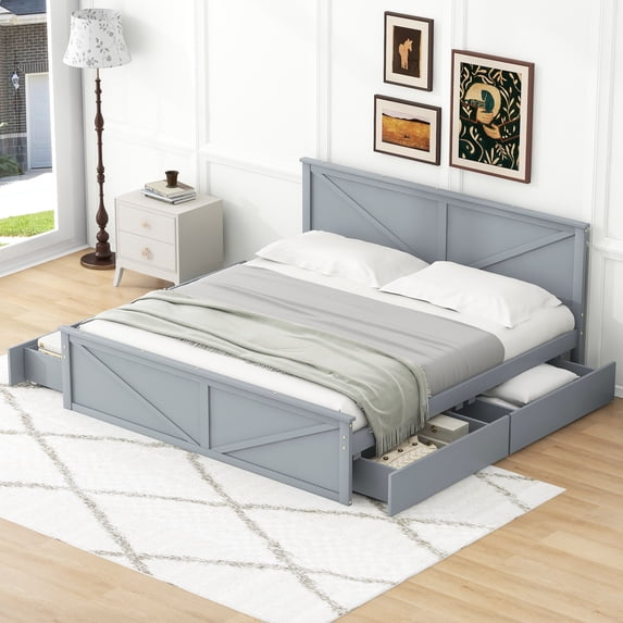 King Size Wooden Platform Bed Frame with Headboard and 4 Storage Drawers, Support Legs, Mattress Not Included, No Box Spring Needed,Dark Gray
