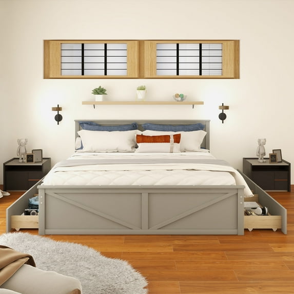 King Size Wooden Platform Bed with Four Storage Drawers and Support Legs, Gray