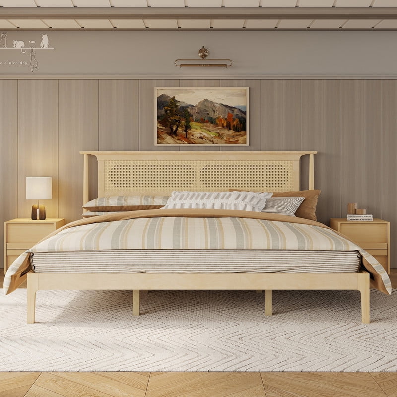 King Size Wooden Platform Bed with Rattan Headboard, Low-Profile Bed Frame with 8.6'' Under-Bed Storage