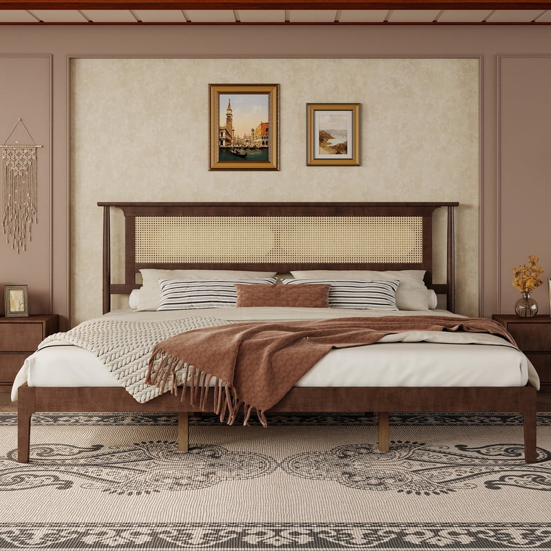 King Size Wooden Platform Bed with Rattan Headboard, Low-Profile Bed Frame with 8.6'' Under-Bed Storage