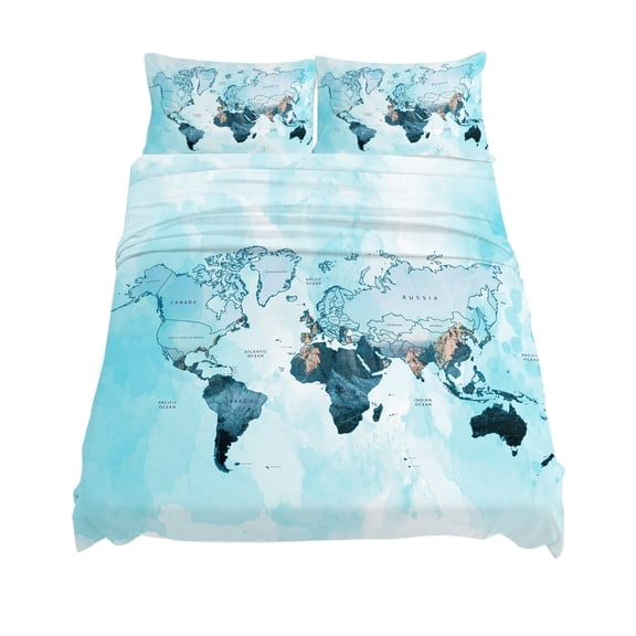 King Size World Map Sheet Sets Blue Map Abstract Soft Breathable Microfiber Bed Sheets Deep Pockets 4 Piece Bed Sheets Set, 1 Fitted Sheet, 1 Flat Sheet & 2 Pillowcases