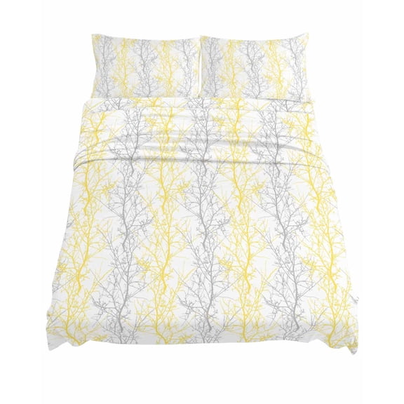 King Size Yellow Grey Sheet Sets Tree Branch Soft Breathable Microfiber Bed Sheets Deep Pockets 4 Piece Bed Sheets Set, 1 Fitted Sheet, 1 Flat Sheet & 2 Pillowcases