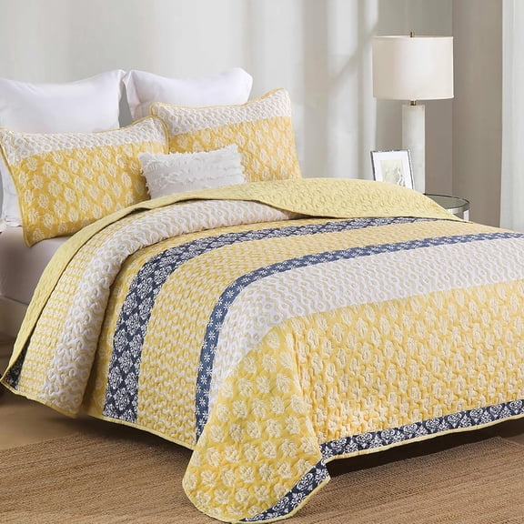 King Size Yellow Striped Boho Quilt Set Ultra Soft Microfiber 110"x90