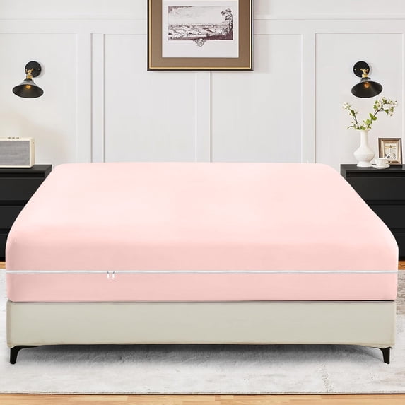 King Size Zipper Fitted Sheet Only – 100% Egyptian Cotton, 600 Thread Count, 22-Inch Extra Deep Pocket, Luxury Sateen Weave Bottom Sheet, Hotel Quality, ( 78" x 80" +22" , Pink Solid )