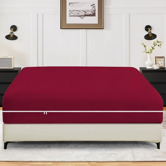 King Size Zippered Closure Fitted Sheet (76" x 80"), 1-Piece Bottom Sheet, 100% Microfiber, Fits Up to 15" Deep Mattress, Color Burgundy Solid