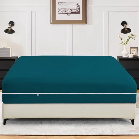 King Size Zippered Closure Fitted Sheet (76" x 80"), 1-Piece Bottom Sheet, 800 Thread Count 100% Egyptian Cotton, Fits Up to 24" Deep Mattress, Color Teal Solid