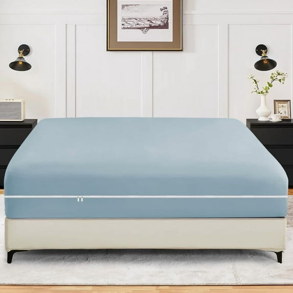 King Size Zippered Closure Fitted Sheet (76" x 80"), 1-Piece Bottom Sheet, 800 Thread Count 100% Egyptian Cotton, Fits Up to 27" Deep Mattress, Color French blue Solid