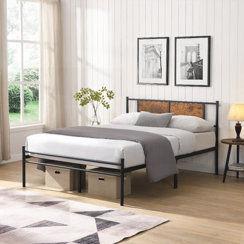 King Size Metal Platform Bedframe with Wood Panel Decoration,Black,No Box Spring,For Bedroom