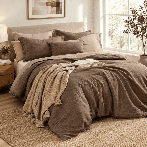 King Sizeforter Set - 7 Pieces Brown Bedding Textured Bed In A Bag