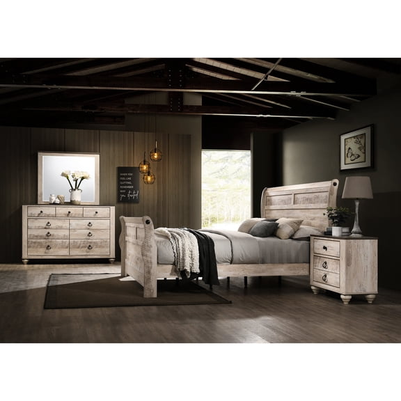 King Sleigh Bed Set | Bedroom Refresh with Designer Details | Bronze Metal Accents on Wood | English Dove - Tail Drawer Construction