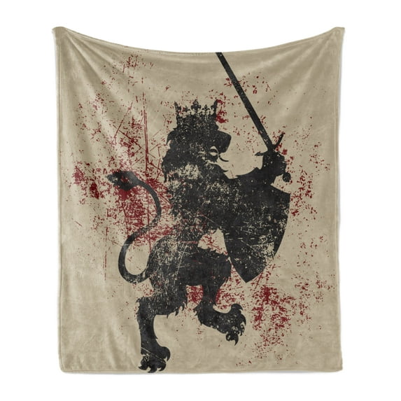 King Soft Flannel Fleece Throw Blanket, Fantasy Lion Courage with Armor and Shield on Grunge Backdrop, Cozy Plush for Indoor and Outdoor Use, 60" x 80", Black White and Burgundy, by Ambesonne