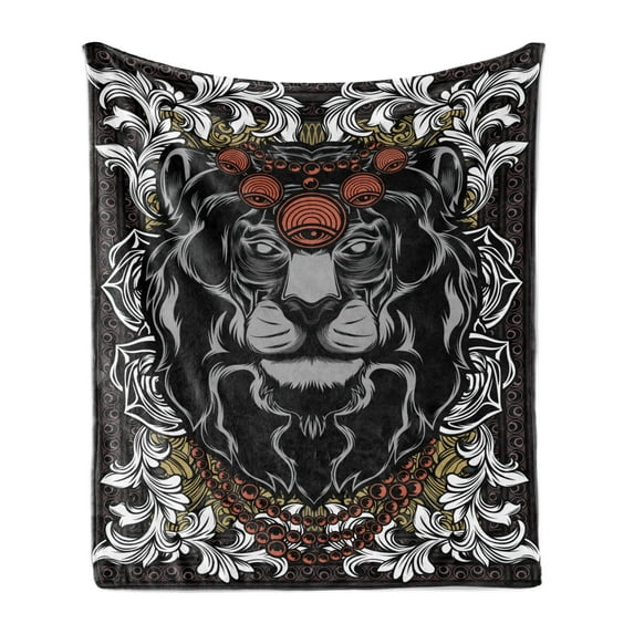 King Soft Flannel Fleece Throw Blanket, Forest Jungle Emperor Safari Animal Lion with Medieval Design Frame Print, Cozy Plush for Indoor and Outdoor Use, 50" x 60", Grey Black Coral, by Ambesonne