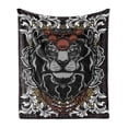 thumbnail image 1 of King Soft Flannel Fleece Throw Blanket, Forest Jungle Emperor Safari Animal Lion with Medieval Design Frame Print, Cozy Plush for Indoor and Outdoor Use, 70" x 90", Grey Black Coral, by Ambesonne, 1 of 6