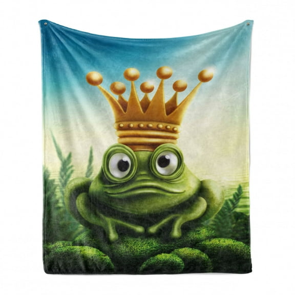 King Soft Flannel Fleece Throw Blanket, Frog Prince on Moss Stone with Crown Fairytale Inspired Cartoon Image, Cozy Plush for Indoor and Outdoor Use, 50" x 60", Forest Green and Yellow, by Ambesonne