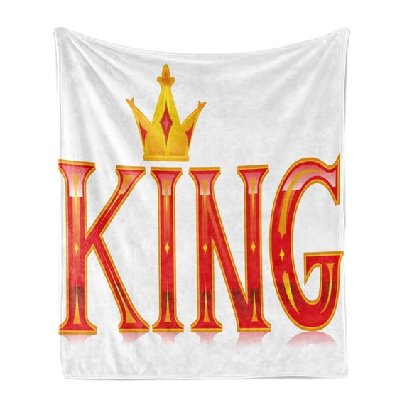 King Soft Flannel Fleece Throw Blanket, Royal King Words in Capital Lettering Crown and Diamond Shapes on White, Cozy Plush for Indoor and Outdoor Use, 50" x 70", Vermilion and Yellow, by Ambesonne