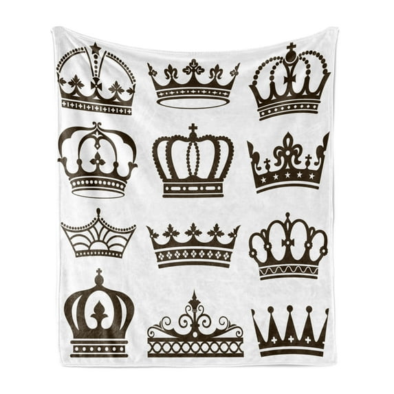 King Soft Flannel Fleece Throw Blanket, Royalty Crowns Tiaras for Reign Queen Prince Cartoon Desgin, Cozy Plush for Indoor and Outdoor Use, 50" x 60", Dark Green Brown White, by Ambesonne