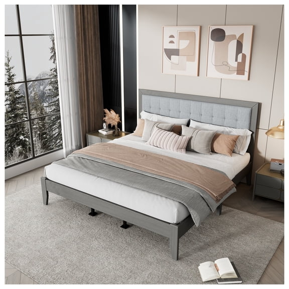 King Solid Wood Platform Bed, Upholstered Headboard, Gray, Boho/Casual/Contemporary