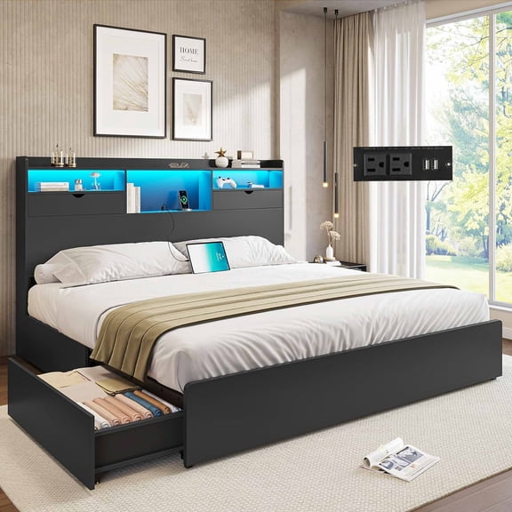 King Storage Bed Frame with Charging Station and LED Lights and Bookcase Headboard, Wooden Platform Bed Frame with 4 Drawers, King Size Beds for Bedroom, Black