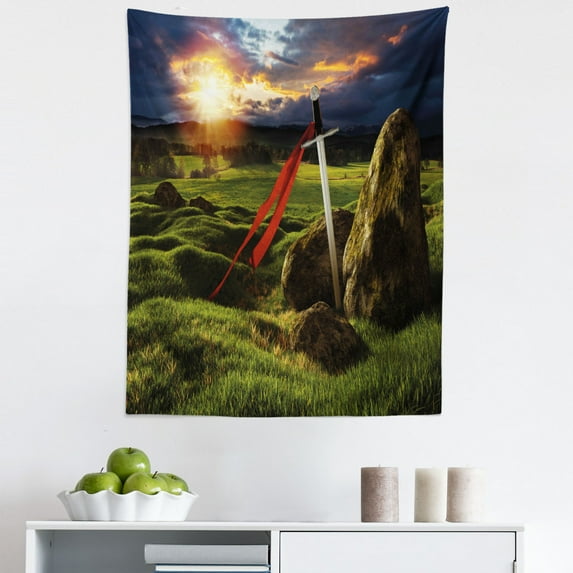 King Tapestry, Arthur Camelot Myth in England Ireland Fields Invincible Myth Image, Fabric Wall Hanging Decor for Bedroom Living Room Dorm, 5 Sizes, Green Blue and Red, by Ambesonne