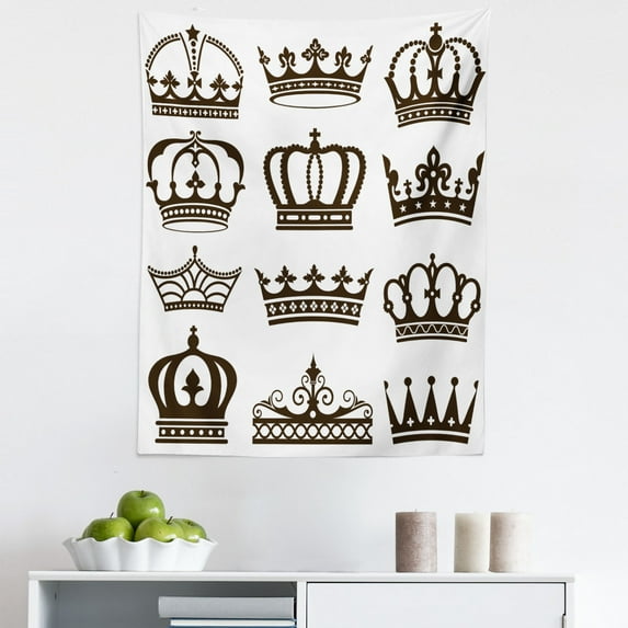 King Tapestry, Royalty Crowns Tiaras for Reign Queen Prince Cartoon Desgin, Fabric Wall Hanging Decor for Bedroom Living Room Dorm, 5 Sizes, Dark Green Brown White, by Ambesonne