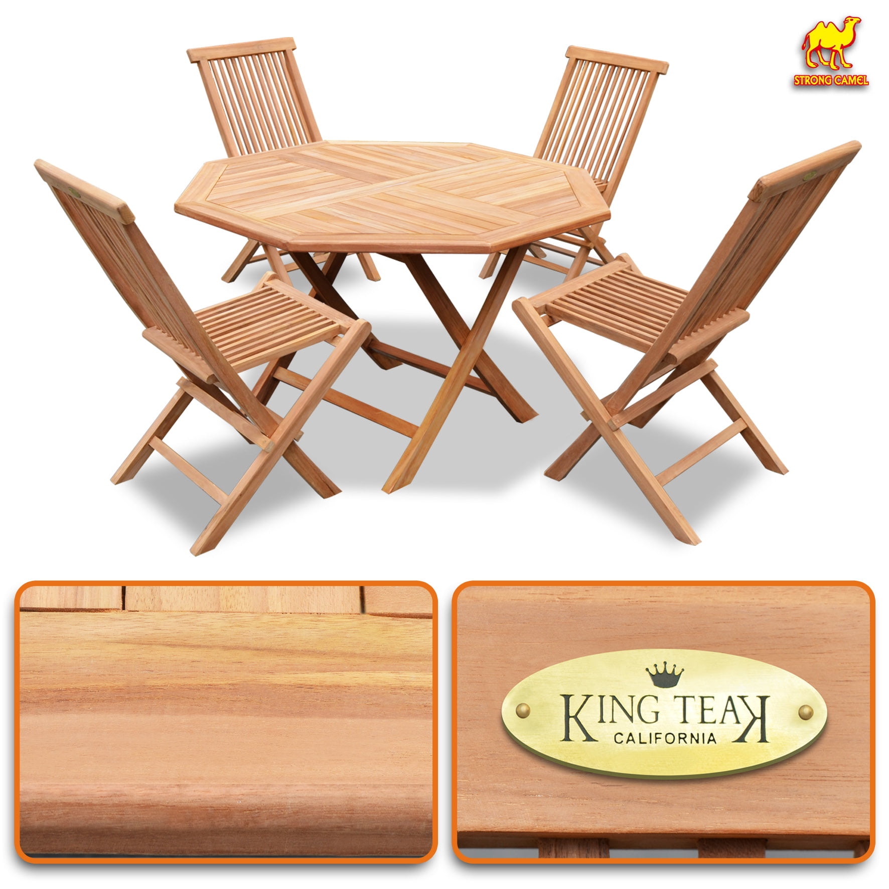 King Teak 4 Piece Golden Teak Wood Folding Chairs & 1 Piece Folding