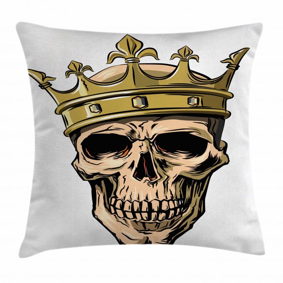King Throw Pillow Cushion Cover, Dead Skull Skeleton Head with Royal Holy Crown Tiara Hand Drawn Image, Decorative Square Accent Pillow Case, 18 X 18 Inches, Golden and Light Brown, by Ambesonne