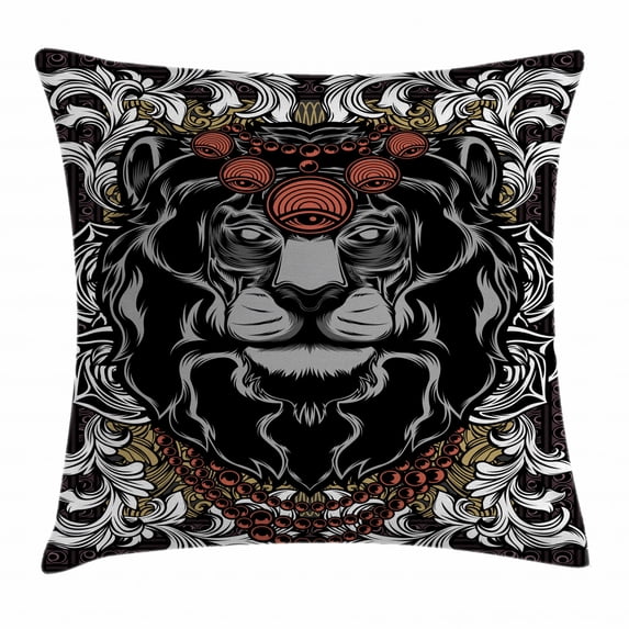 King Throw Pillow Cushion Cover, Forest Jungle Emperor Safari Animal Lion with Medieval Design Frame, Decorative Square Accent Pillow Case, 20 X 20 Inches, Grey White Red and Black, by Ambesonne