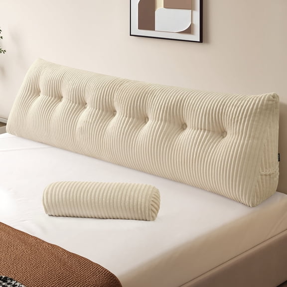 King Triangular Headboard Pillow, King Size Wedge Headboard Pillow with 2 Roll Pillows, King Bed Reading Pillows Large Backrest Wedge Pillow Beige Cream