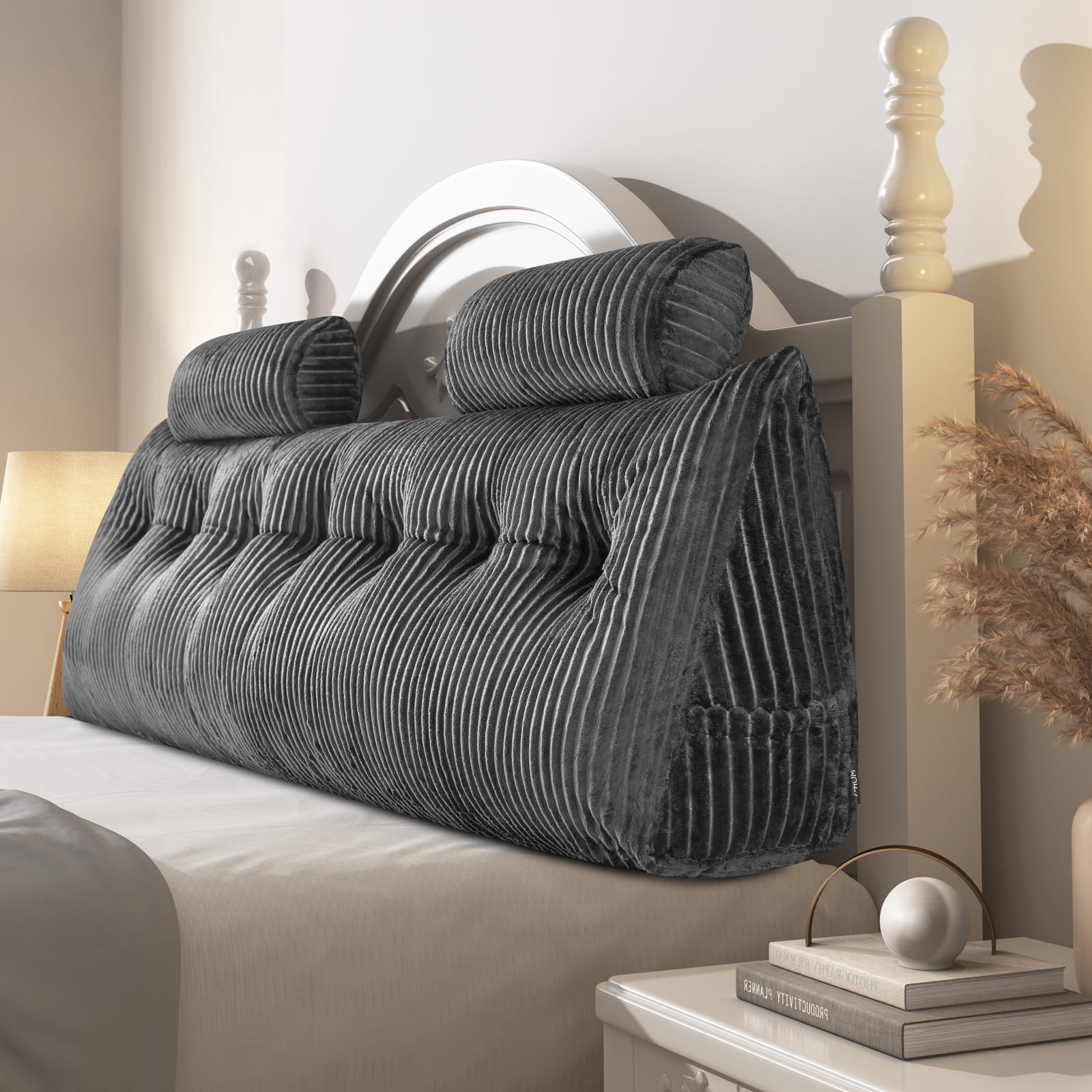 King Triangular Headboard Pillow, King Size Wedge Headboard Pillow with 2 Roll Pillows, King Bed Reading Pillows Large Backrest Wedge Pillow (Gray, King: 76”x20”x8”)