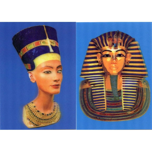 King Tut & Nefertiti: 2 Lenticular 3D Postcard Greeting Cards - Tutanchamun Pharaoh Nefertiti