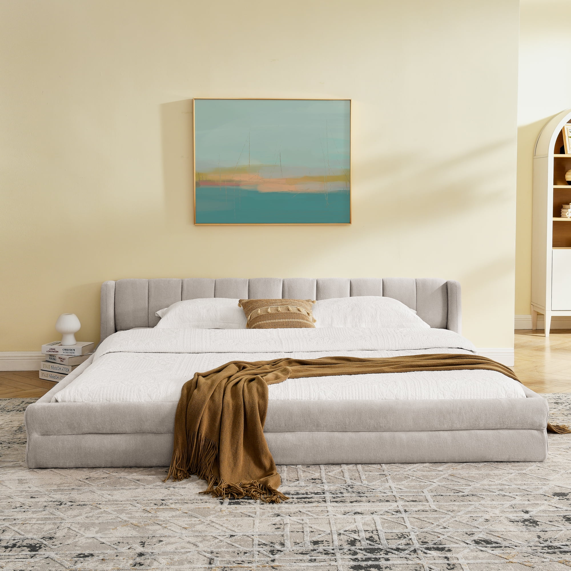 King Upholstered Bed Frame, Modern Platform Bed with Soft Headboard, Thick Chenille Fabric Upholstered Bed Frame, Grounded King Size Bed for Bedroom,Beige