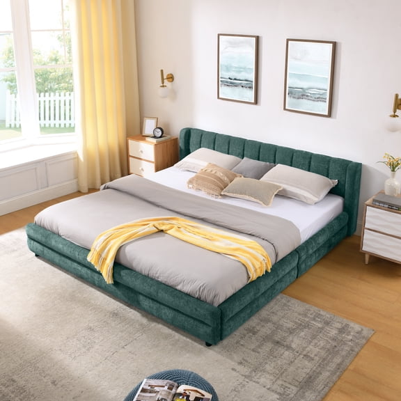 King Upholstered Bed Frame with Storage Drawers, Modern Platform Bed with Soft Chenille Headboard, Blue Green Fabric Bed with Under Bed Storage, No Box Spring Needed