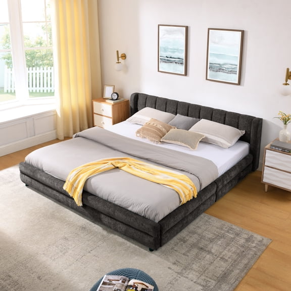 King Upholstered Bed Frame with Storage Drawers, Modern Platform Bed with Soft Chenille Headboard, Dark Gray Fabric Bed with Under Bed Storage, No Box Spring Needed
