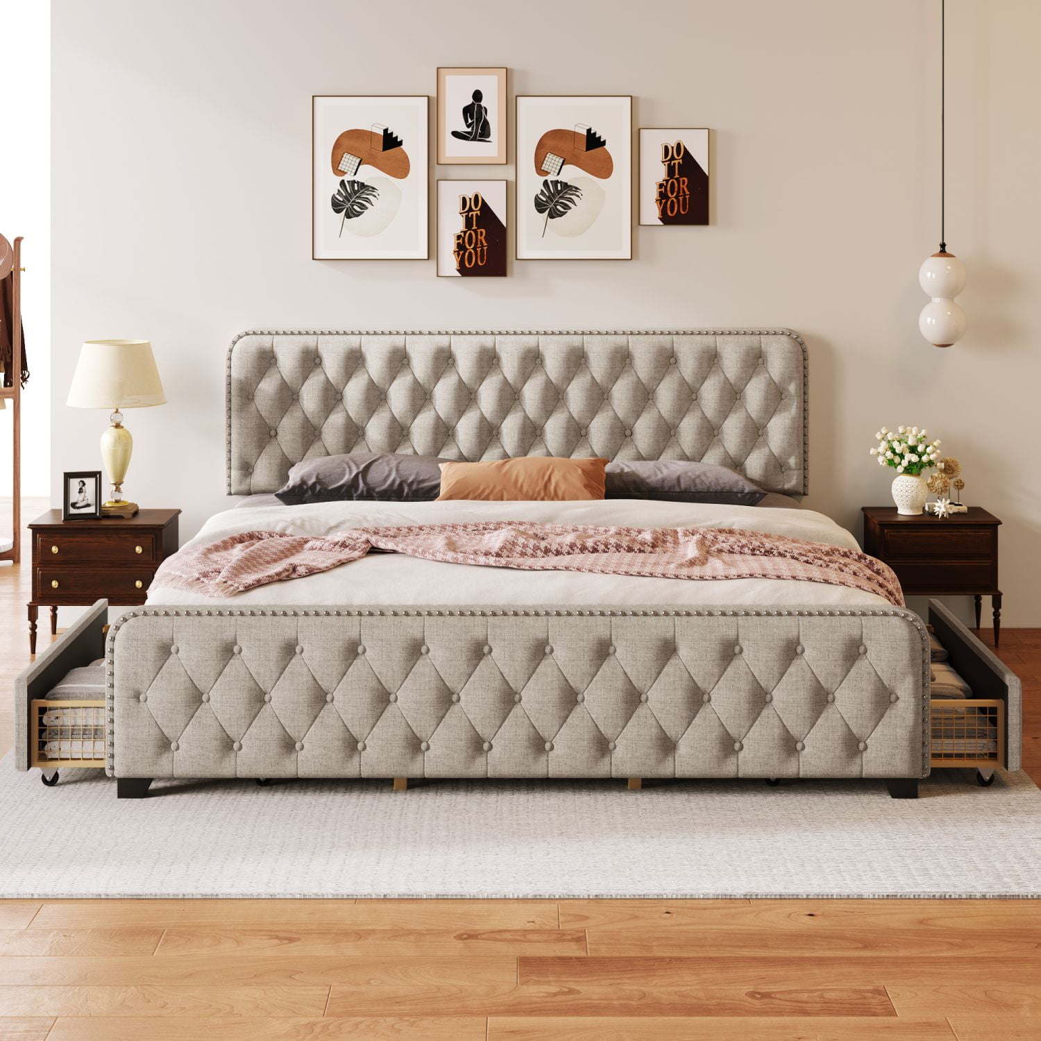 King Upholstered Bed Frame with 4 Drawers, Platform Storage Bed with