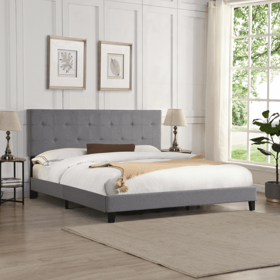 King Upholstered Bed Frame with Button Tufted Headboard & Wood Slats | 600LBS Capacity, No Box Spring, Easy Assembly, Modern Bedroom, Gray