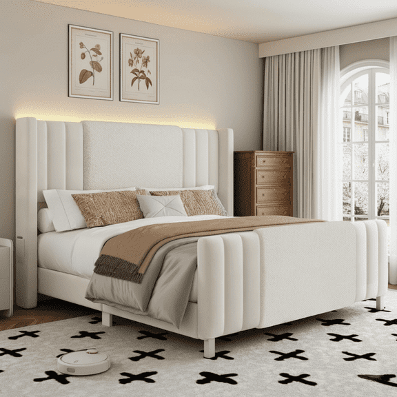 King Upholstered Bed Frame with LED Headboard & Footboard - Noiseless, Easy Assembly Platform Bed for Master Bedroom and Guest Room, White