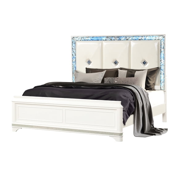King Upholstered Bed With Distinctive Design And Led Illumination Size Elegant Faux Leather Upholstery