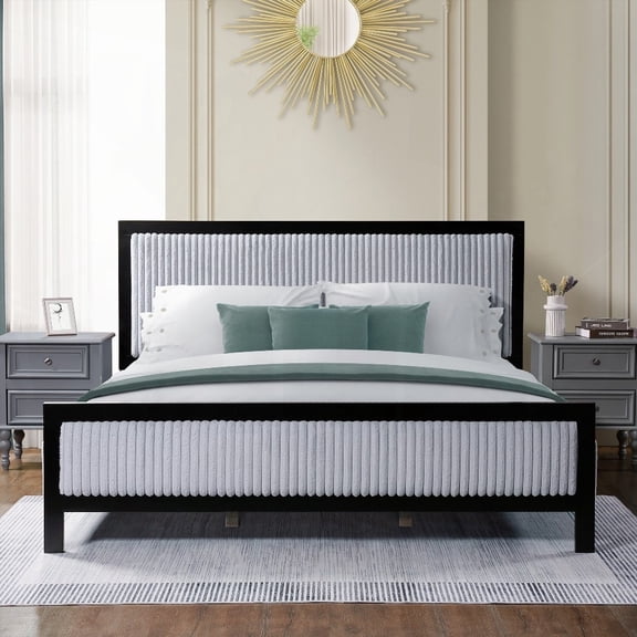 King Upholstered Bed in Grey+Black with Fluffy Soft Headboard and Easy Assembly